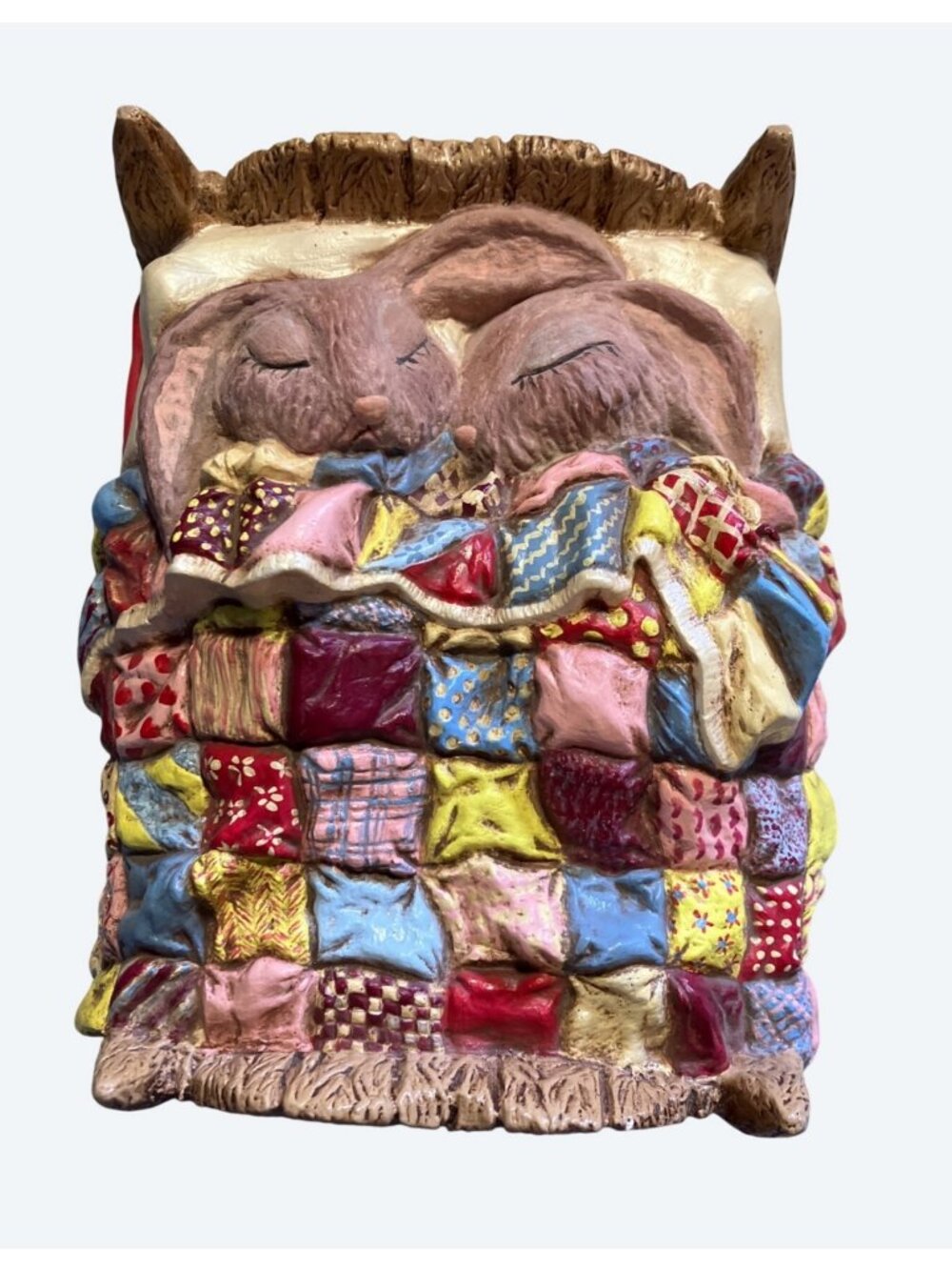 Sleeping Bunny Couple Hinged Trinket Box With Patchwork Quilt 1980's